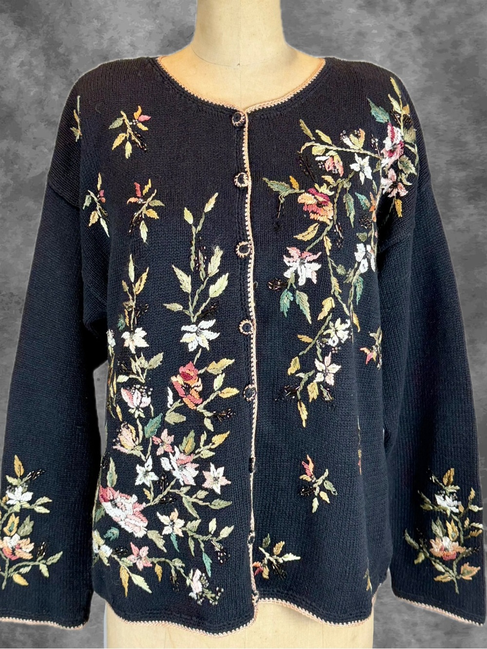 VINTAGE‎ woodland wildflower vine embroidered knit sweater cardigan floral fairy